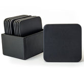 Black Leather 10 Square Coaster Set w/ Holder